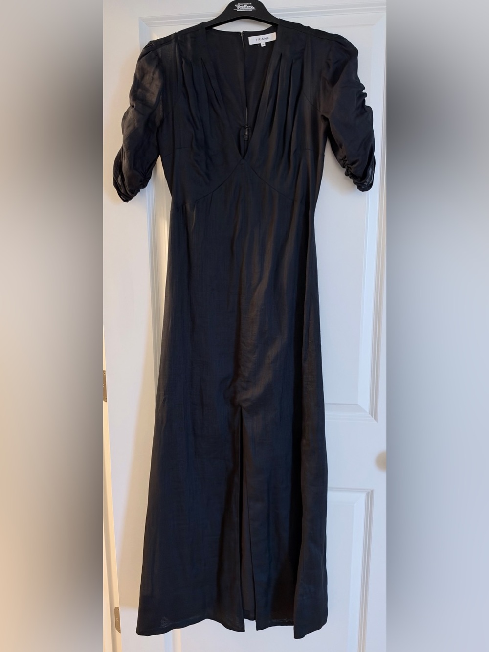 FRAME Black Maxi Dress Size S Deep V Ruched Sleeve Front Slit